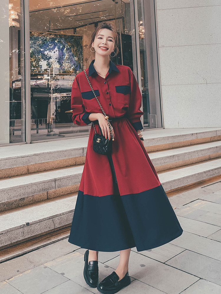 VOGCHAR spring French platycodon splicing Hepburn style slim dress female 2021 new mid-length