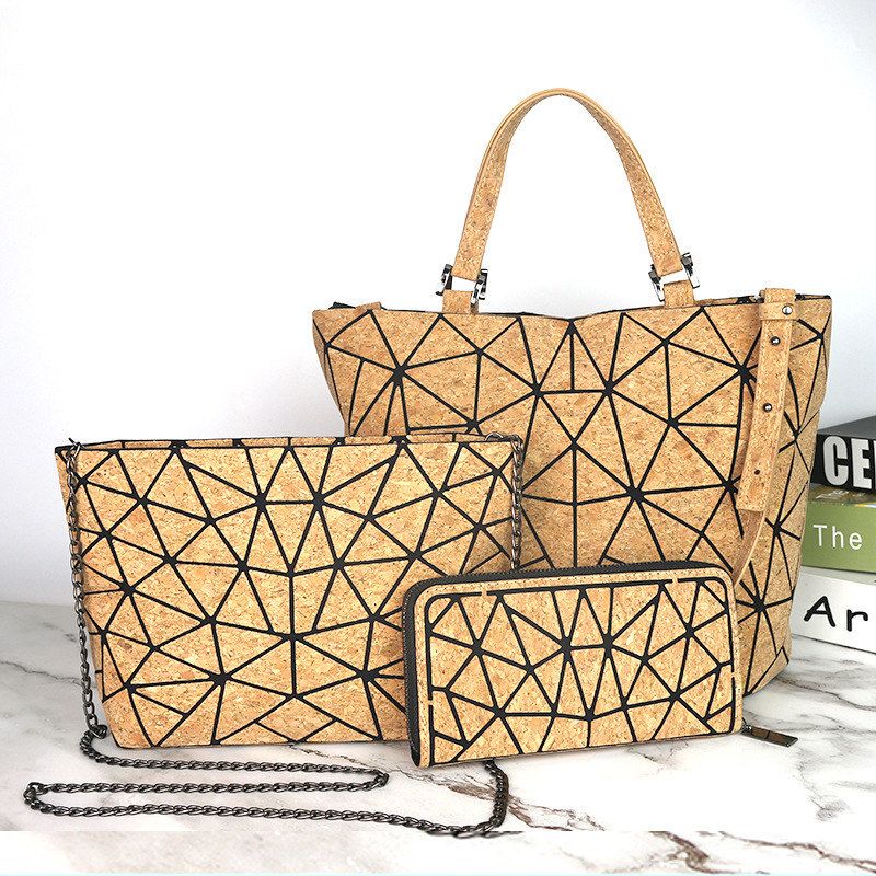 Muli Feng Tree Bark Bag Three-Piece Set Geometric Quilted Bag Cork Personalized Wood Grain Shoulder Crossbody Bag Set Foreign Trade