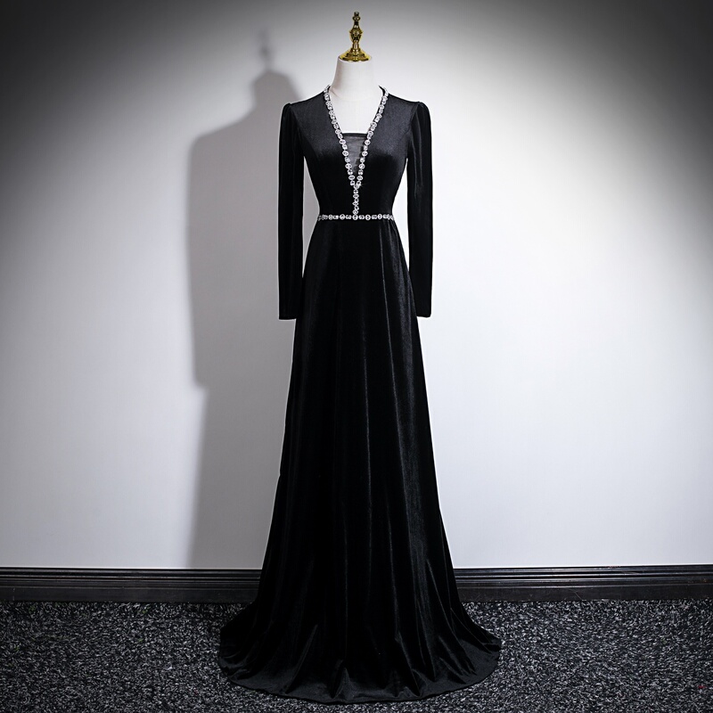 Black Evening Dress with Velvet Long Sleeves for Banquet, Art Exam, Conductor, Choir Performance, Elegant and Classy Annual Meeting Host Dress
