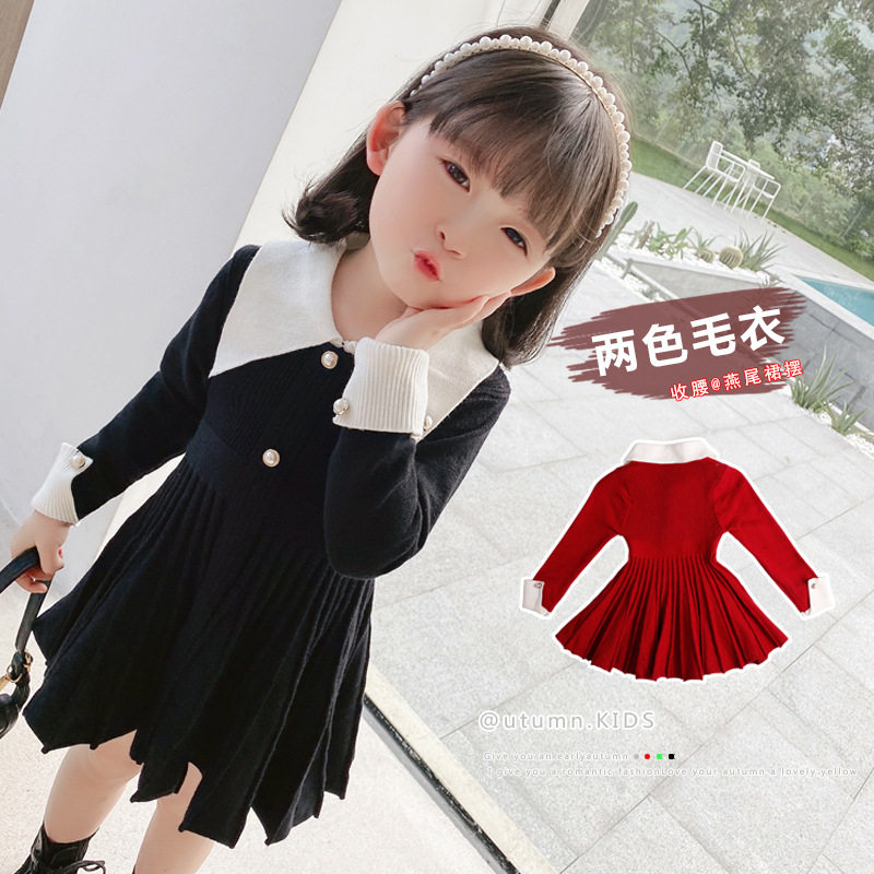 Girls' knitted dress autumn and winter clothes Western style children's college style baby mid-length version black bottom sweater princess skirt