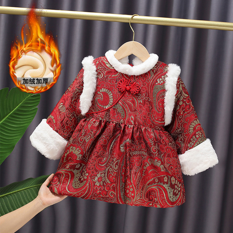 Girls' Chinese style Tang suits and dresses, winter style, western styles, children's plus velvet and thickened New Year's clothes, Hanfu, baby's New Year's clothes