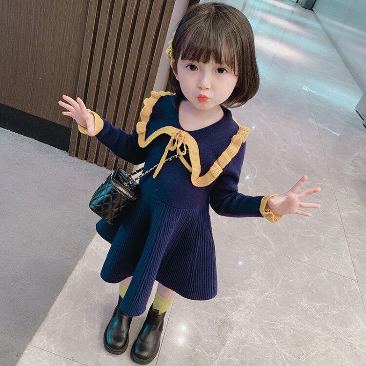Girl Autumn Winter Dress Knit Foreign Dress 2020 New Kids Foreign Pie Princess Dresses Baby Academy Wind Sweater Dress