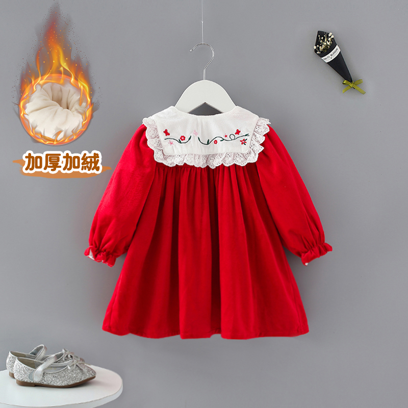 Female Baby Foreign Dress Winter Dress Foreign Pie Baby Week Old Dress Plus Suede Birthday Princess Dresses Girl Red Dress