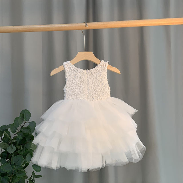 Girls dress summer foreign style baby white flower girl dress performance costume fluffy yarn children's one-year-old princess dress