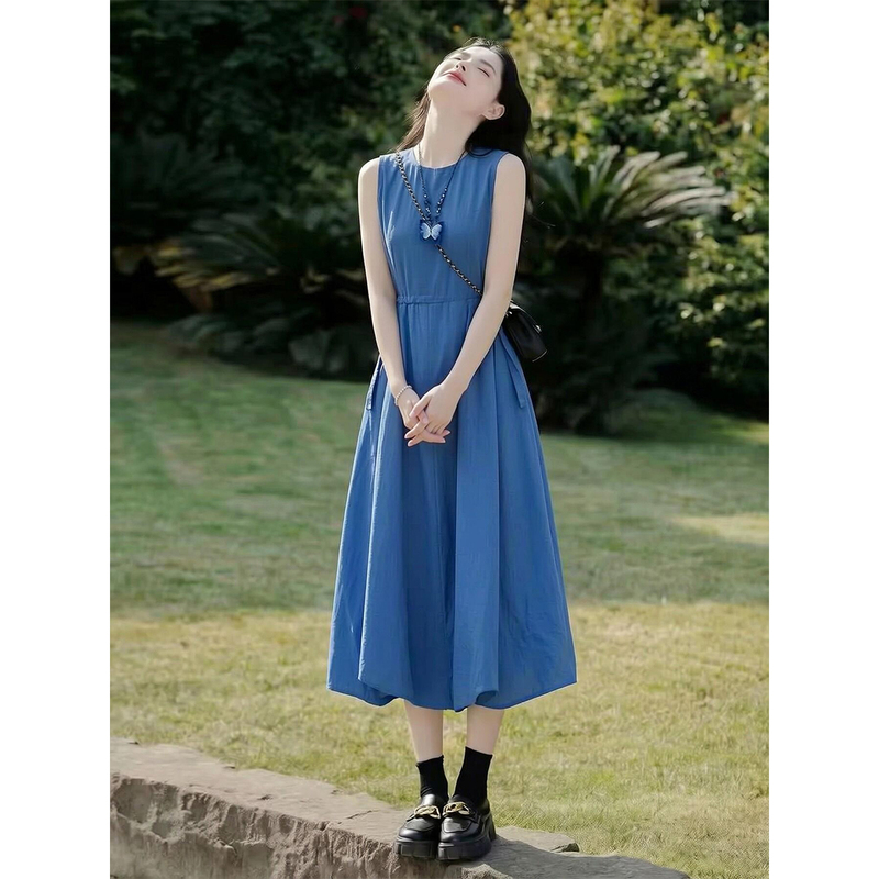 Commuting Style, Very Nice-Looking Blue Sleeveless Vest Dress for Women, 2026 Summer New Style, Simple and Relaxed A-Line Long Skirt