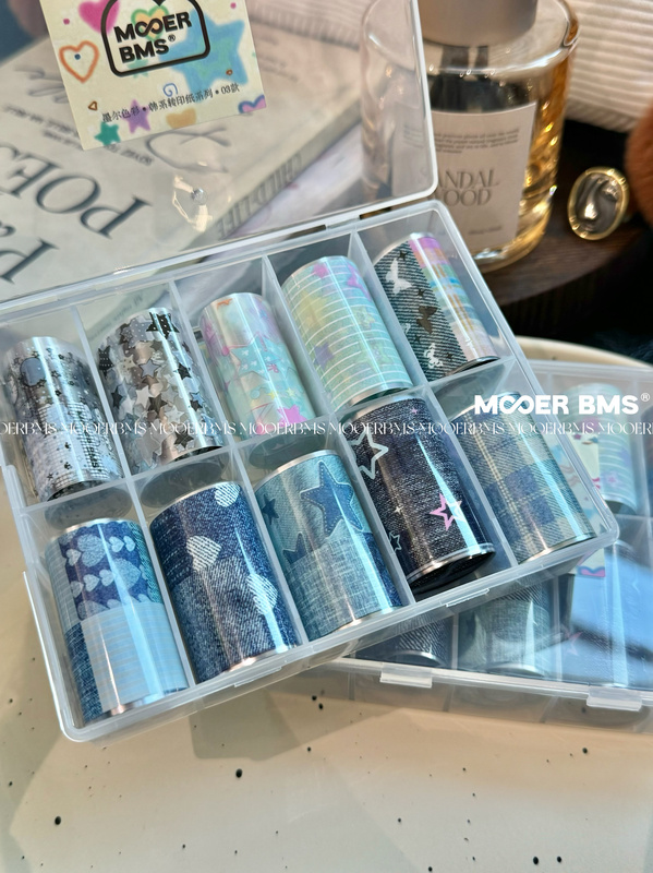 Mooerbms New Salt Series Denim Nail Art Transfer Paper Denim Fabric Feel Sweet and Cool Includes Three Transparent Designs