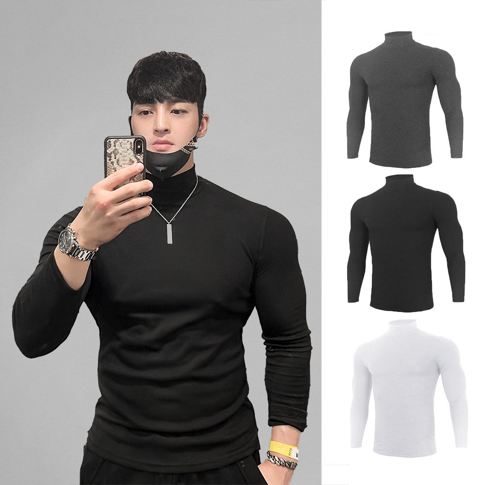 Muscle fitness brothers autumn and winter Korean version of the high-neck long-sleeved tights men's running training T-shirt sports tide brand clothes