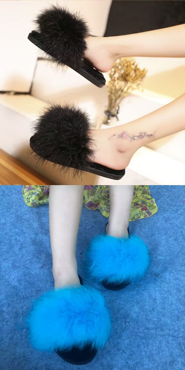 Nhà máy trực tiếp mùa xuân mới nhà bông dép nữ đà điểu lông nhà lông một dép từ tóc dép sandal nữ đi học