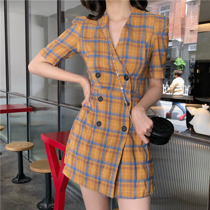VK旗艦店 韓系格紋撞色雙排扣高腰短袖洋裝