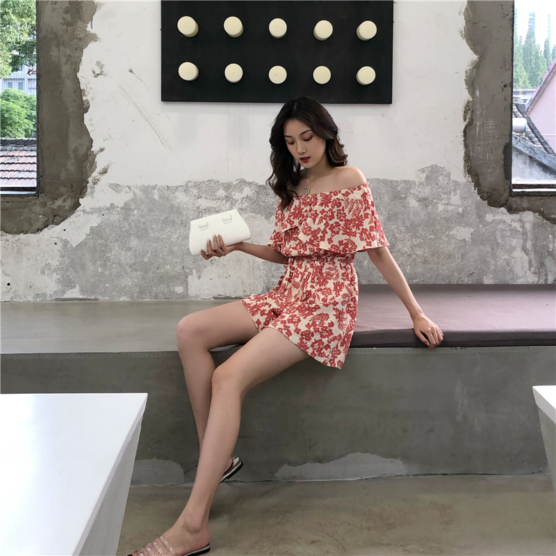 VK旗艦店 韓國風荷葉邊印花一字領單品連身褲