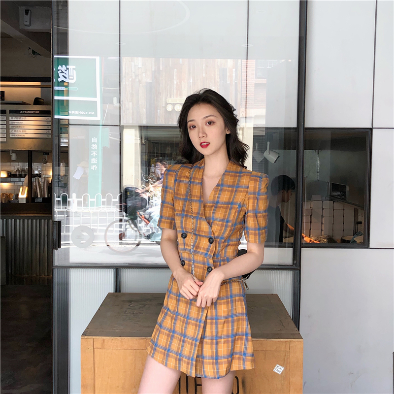 VK旗艦店 韓系格紋撞色雙排扣高腰短袖洋裝