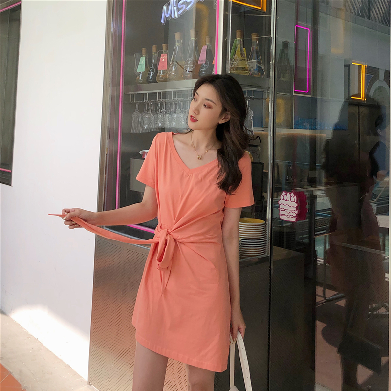 VK旗艦店 韓國風不規則T恤系帶設計感短袖洋裝