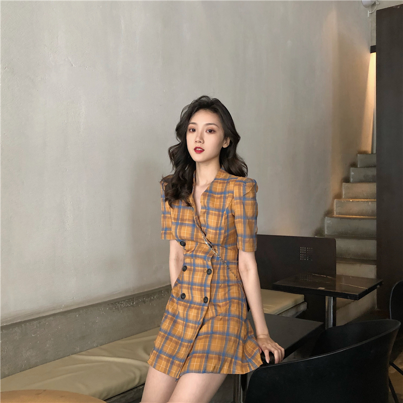 VK旗艦店 韓系格紋撞色雙排扣高腰短袖洋裝