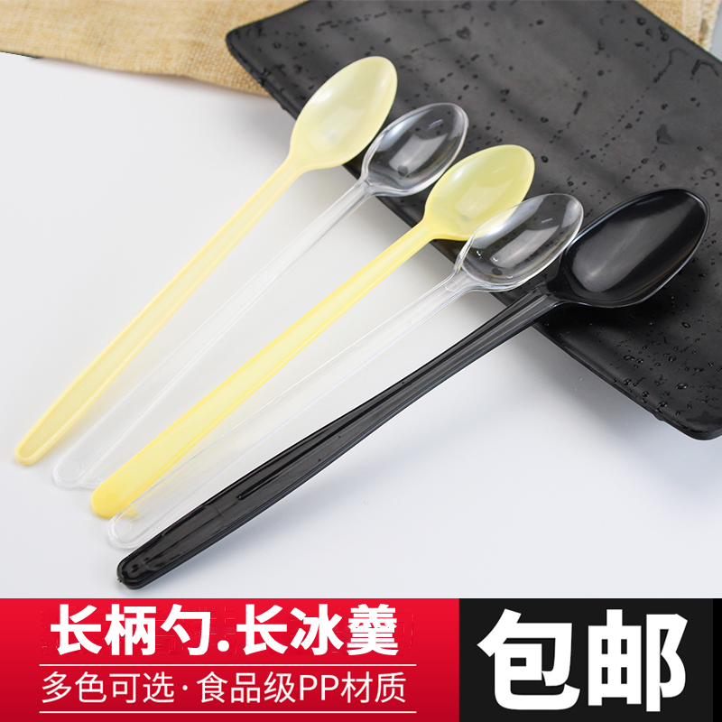 Disposable plastic long ice spoon with Hook High Cup long handle ice burning fairy grass double skin milk thick ice cream spoon