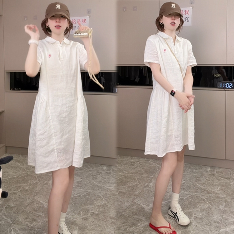 Casual Linen Dress for Women 2026 Summer New Korean Style Polo Collar Loose Short-Sleeved Age-Reducing Mid-Length Skirt Casual Linen Dress for Women 2026 Summer New Korean Style Polo Collar Loose Short-Sleeved Age-Reducing Mid-Length Skirt
