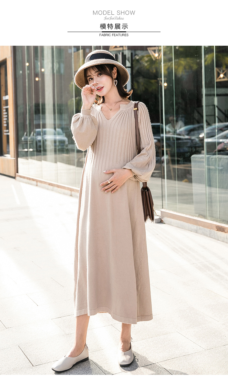Bà bầu mặc mùa thu đông mới thời trang thủy triều mẹ váy dài tay đan rộng phần dài áo len màu rắn mang bầu cho bà bầu áo váy cho bà bầu