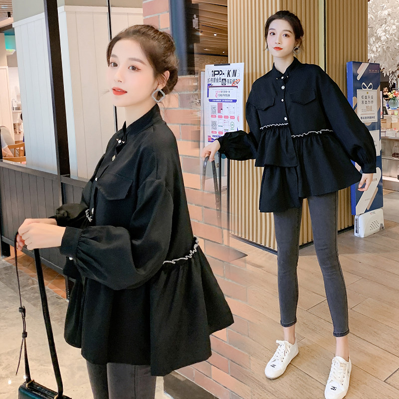 Angel Mommy ~ Maternity Spring Wear Fashion Foreign Stand-up Collar Long Sleeve Shirt Medium Long Size Maternity Top Tide