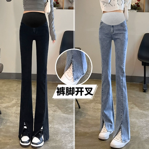 Осенние джинсы для матери и ребенка для беременных, штаны, весенние штаны-клёш с поддержкой живота, свободный прямой крой, стройный силуэт