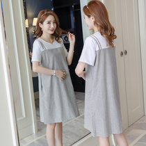 Angel mommy ~ maternity dress summer 2021 fashion stripe fake two pieces loose size short sleeve pregnant dress