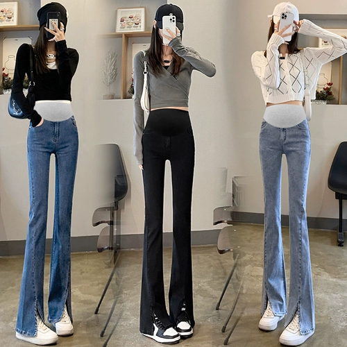 Осенние джинсы для матери и ребенка для беременных, штаны, весенние штаны-клёш с поддержкой живота, свободный прямой крой, стройный силуэт