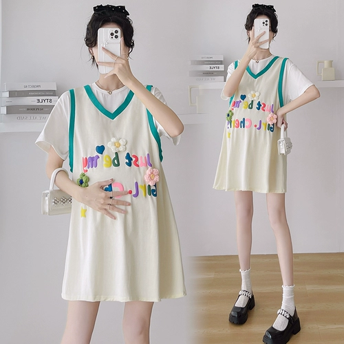 Летнее платье для матери и ребенка для беременных, юбка, комплект для отдыха, короткий рукав, оверсайз, подходит для подростков