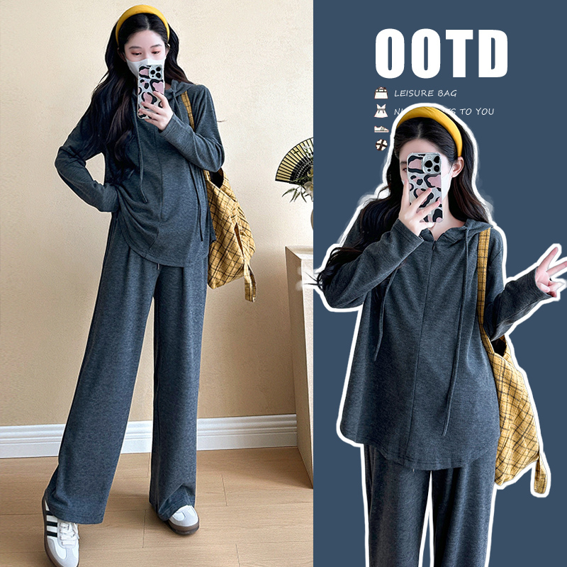 Angel Mommy~ Maternity Wear Spring and Autumn New Style Half-Zip Hooded Loose Top + Straight-Leg Casual Pants Two-Piece Set Angel Mommy~ Maternity Wear Spring and Autumn New Style Half-Zip Hooded Loose Top + Straight-Leg Casual Pants Two-Piece Set