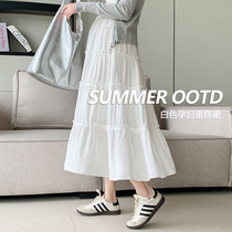 Angel Mommy~Pregnant women’s white cake skirt summer thin lined anti-exposure slimming A-line long skirt