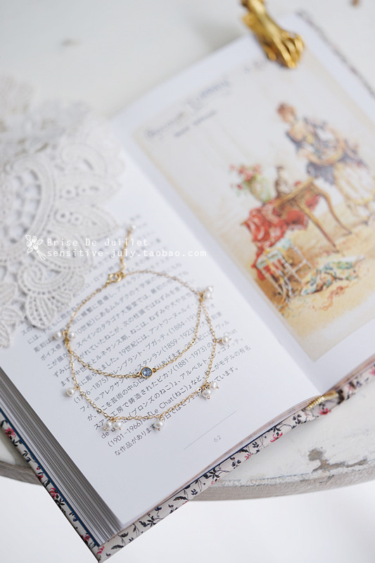 Juillet tháng 7 | Haze xanh. Nhập khẩu đôi nhỏ màu xanh nhạt zircon + vòng tay đôi ngọc trai nước ngọt / vòng chân - Vòng đeo tay Clasp vòng bạc nữ