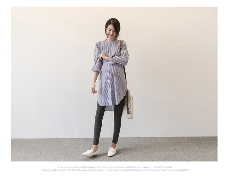 Áo bà bầu xuân 2019 mới áo dài tay cho bà bầu mùa xuân và mùa thu dài đoạn rộng sọc rộng váy bà bầu - Áo thai sản những mẫu váy bầu đẹp