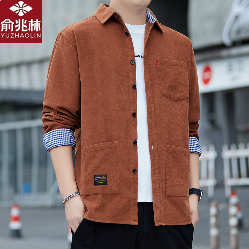 Yu Zhaolin Spring and Autumn Orange Corduroy Shirt for Young Men, Pure Cotton, Long-Sleeved, Workwear Style, Casual Shirt, Trendy