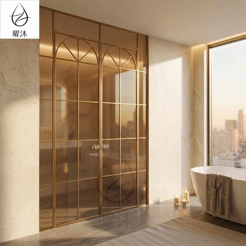 French-Style Retro Gold 304 Stainless Steel Grille Full-Frame T-Shaped Shower Room Bathroom Dry and Wet Separation Partition French-Style Retro Gold 304 Stainless Steel Grille Full-Frame T-Shaped Shower Room Bathroom Dry and Wet Separation Partition