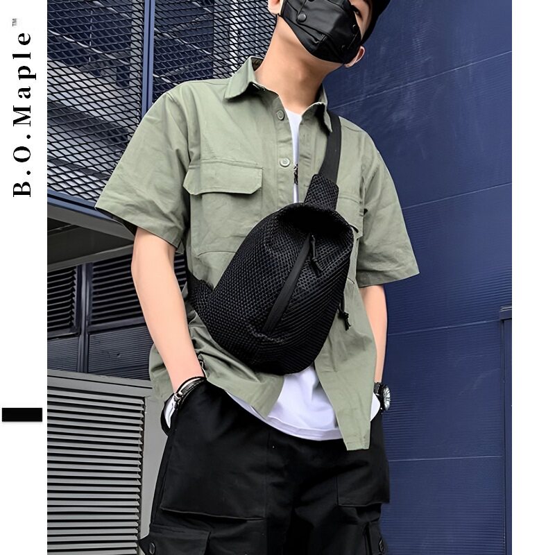 BOMaple China Wind Men's Chest Bag Slanted Satchel Personality Grid Purse Oxford Spun Canvas Single Shoulder Bag