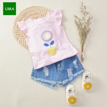 Summer New Girl Baby Cotton Small Sleeve T-shirt for Childrens Little Flowers Soft Pink to Wear Clothes