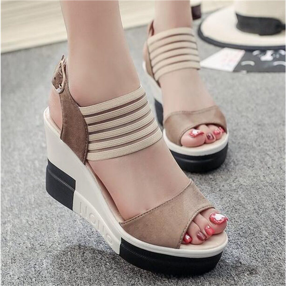 2021 summer new Rome new version all-match one-word buckle waterproof platform fish mouth wedge sandals trendy women's shoes