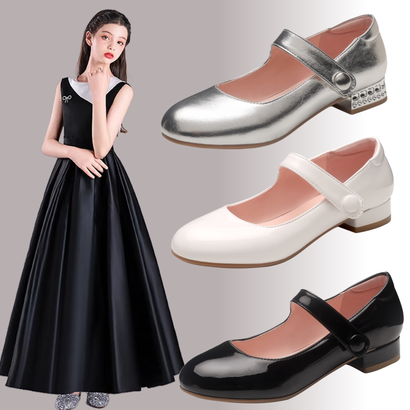 Girls' Black Leather Shoes, Kidsren's White Piano Performance Shoes, High-Heeled Princess Flats, Middle and Older Kidsren's Student Shoes