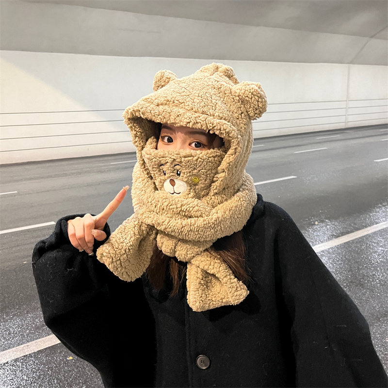Bear Mask Hat Scarf One Female Winter Cute Plush Thickened Warm Cycling Windproof Earmuffs Lei Feng Hat