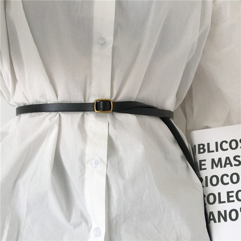 Leather retro belt female knots fine belt with hollow belt with sweater skirt simple decoration narrow cow skin