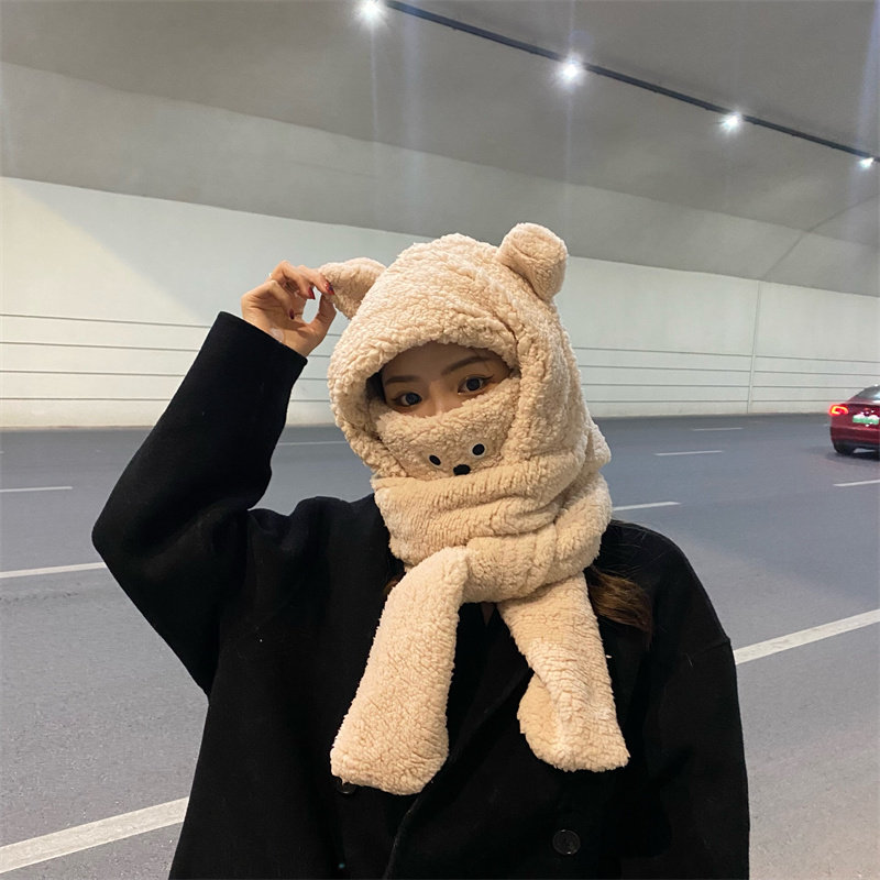 Bear mask hat scarf integrated female ins winter cute plush hooded thickened warm ear protection scarf tide