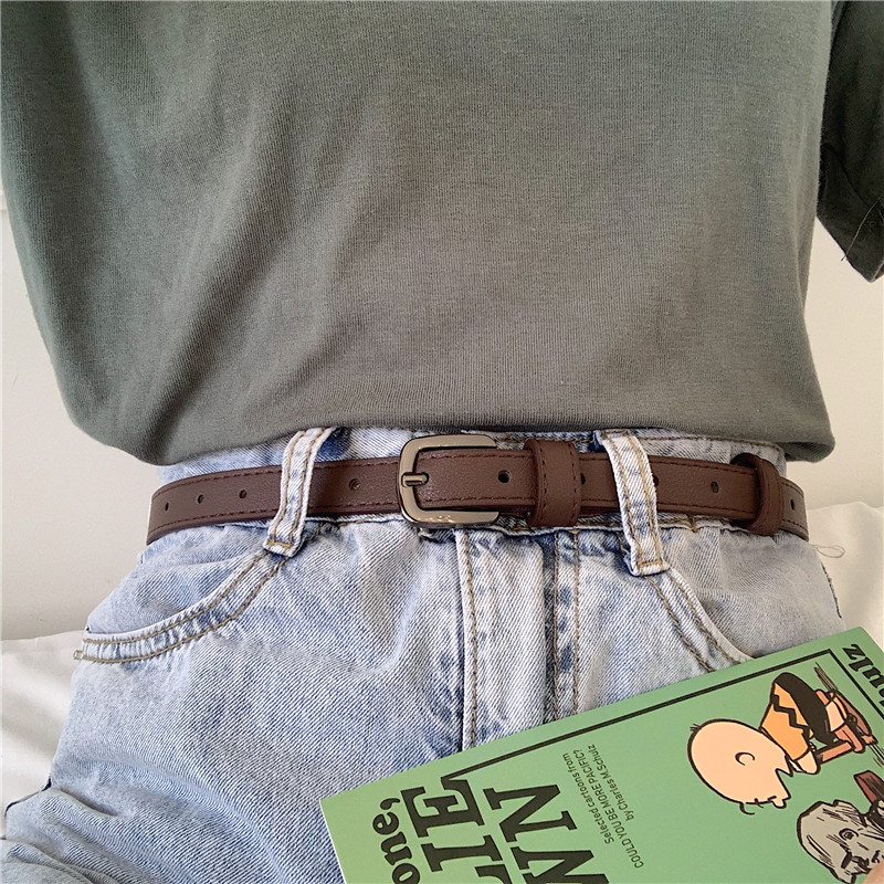 Black buckle minimal BF wind and PU belt students retro decoration Korean Fengfeng soft belt female fine trousers band narrow