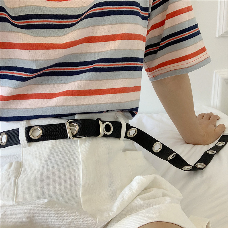 Korean popular a whole piece of hole-free canvas belt female narrow simple all-match hollow belt pin buckle