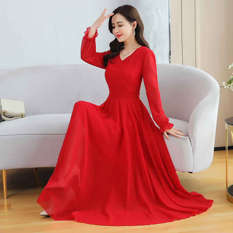 2026 New Silk Red Dress, Spring and Autumn Women's Long Dress, Slimming and Elegant, Summer Ankle-Length Chiffon Dress