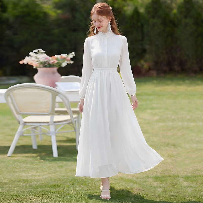 2026 Spring and Autumn Chiffon Elegant Dress for Travel and Photography, High-End Waist-Cinching Vacation Dress, Flowing Fairy Long Dress