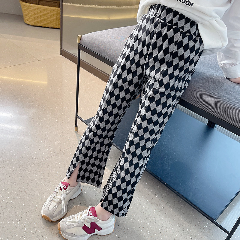 Girl Pants Spring Pants Long Pants 2022 New Rhomboid Children Casual Pants Little Girl Foreign Pie Trendy Horn Pants