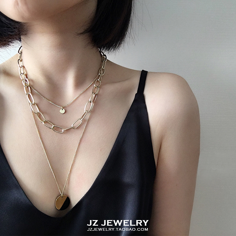 JZ Necklace European and American hip-hop chain clavicle chain Korean retro thick chain multi-layer coin long necklace female