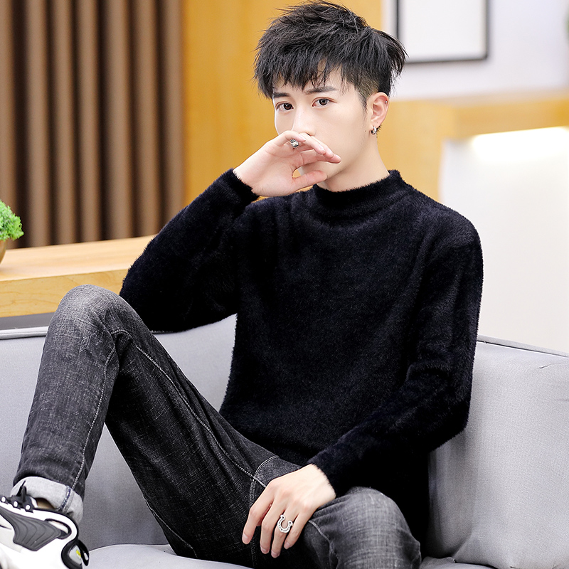 Mink velvet half turtleneck sweater men's slim bottoming shirt autumn and winter plus velvet thickened mid-neck warm sweater