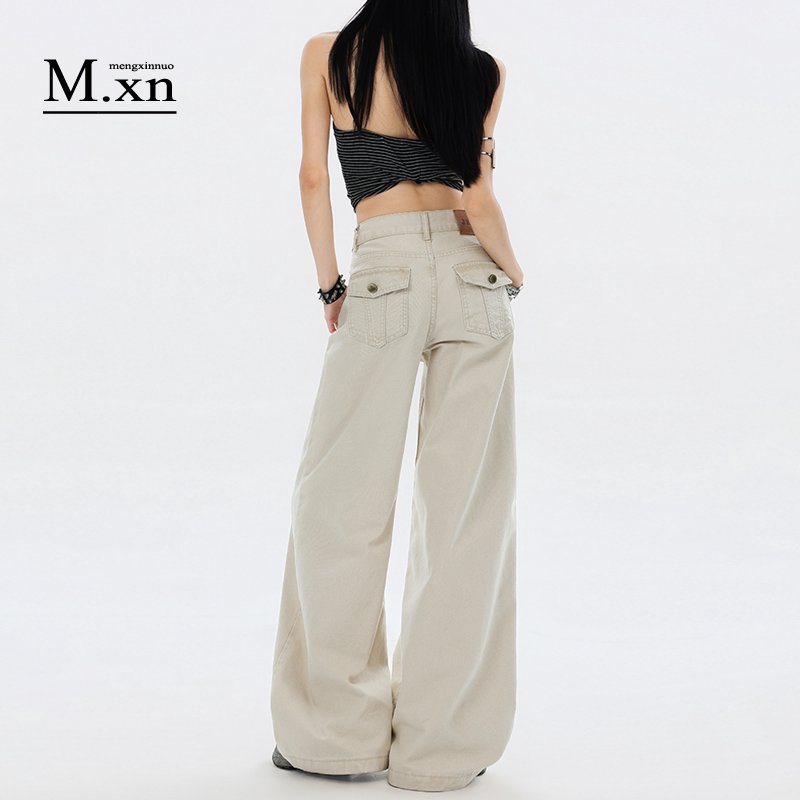 American Retro Light Apricot Wide-Leg Jeans for Women, 2026 Summer New Low-Waist Loose Slimming Floor-Length Straight Pants