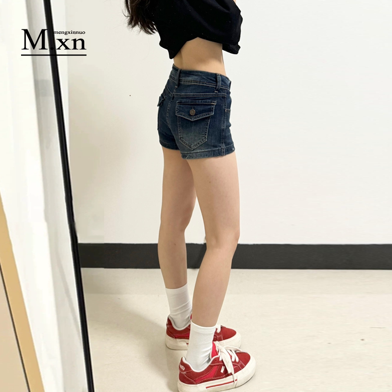 American Retro Blue Hip-Enhancing Denim Shorts for Women, 2026 Summer New Style, Spicy Low-Waist Elastic Hip-Hugging A-Line Hot Pants