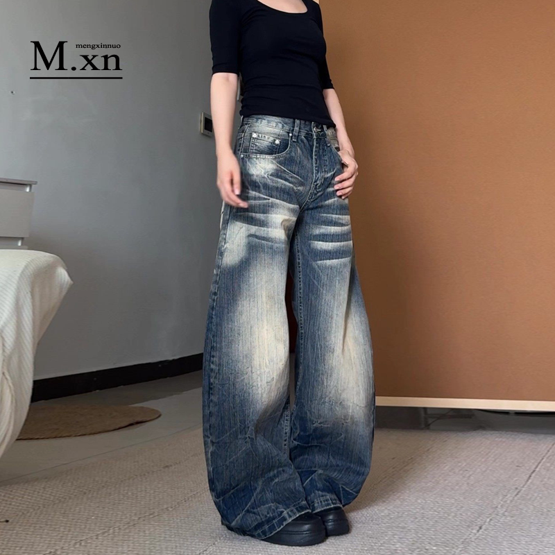American Retro Washed Distressed Bamboo Pattern Curved Hem Jeans for Women, Low-Waisted, Loose, Versatile, Slimming, Wide-Leg, Floor-Length Pants