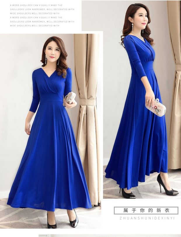 Phụ nữ phiên bản Hàn Quốc mới của mùa xuân và mùa thu đáy váy cổ chữ V eo cao là váy dài tay rộng, váy xòe dài thời trang váy dài nữ váy đi biển cho người thấp