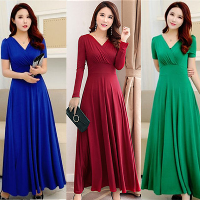 2023 summer women's dress slimming fashion women's dress new dress short-sleeved high waist swing skirt V-neck long skirt